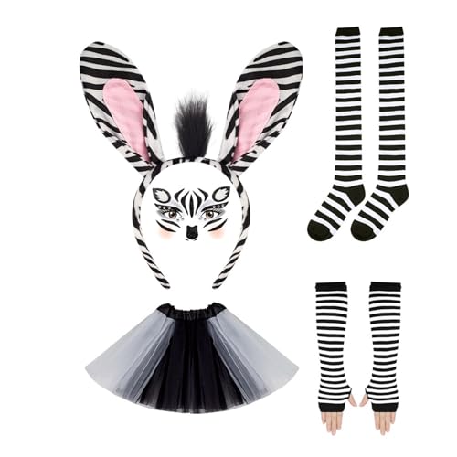 Pocoiau Tierkostüm Set Mit Stirnband Schwanz Gesichtsaufkleber Bowtie Rock Halloween Outfit Für Kid Adult Halloween Cosplay von Pocoiau