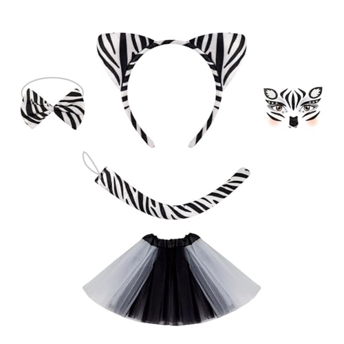 Pocoiau Tierkostüm Set Mit Stirnband Schwanz Gesichtsaufkleber Bowtie Rock Halloween Outfit Für Kid Adult Halloween Cosplay von Pocoiau