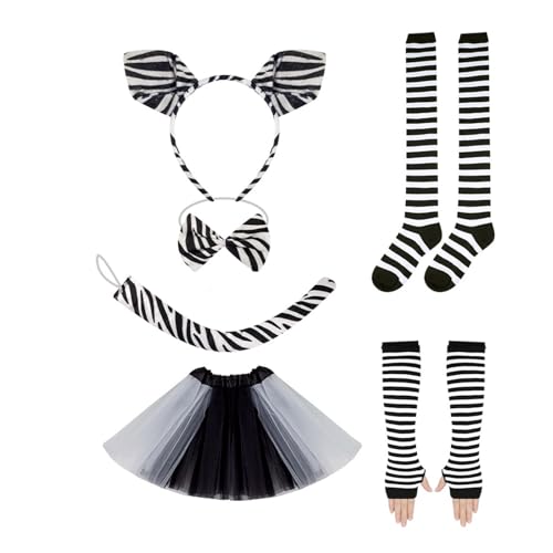 Pocoiau Tierkostüm Set Mit Stirnband Schwanz Gesichtsaufkleber Bowtie Rock Halloween Outfit Für Kid Adult Halloween Cosplay von Pocoiau