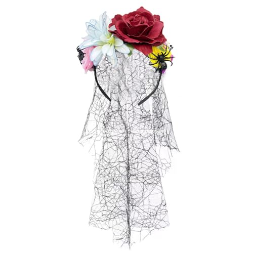 Pocoiau Totenkopf-Skelett-Handschleier, Kopfschmuck mit dunkler Blume, für Halloween-Kostüme und Themen-Fotoshootings, Halloween-Totenkopf-Haarband mit Schleier von Pocoiau