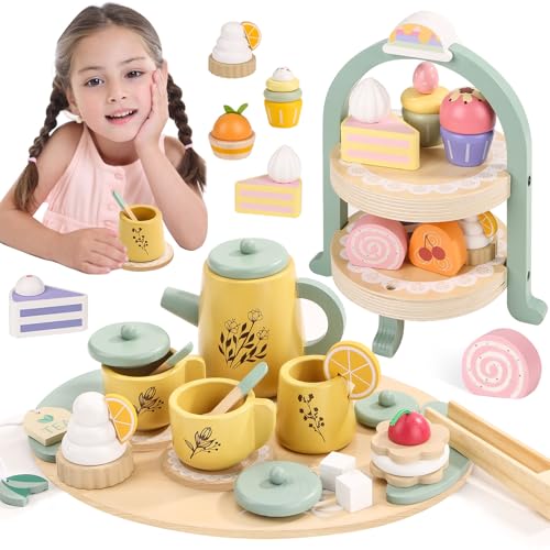 Tee-Party-Set aus Holz für kleine Mädchen, Kleinkind-Teeset mit Cupcake-Ständer und Lebensmittel-Dessert, Pretend Play Food Kitchen Zubehör für Kinder Mädchen Alter 2 3 4 5 6 Geburtstag Geschenk Holz Tee-Party-Set aus Holz für kleine Mädchen, Kleinkind-Teeset mit Cupcake-Ständer und Lebensmittel-Dessert, Pretend Play Food Kitchen Zubehör für Kinder Mädchen Alter 2 3 4 5 6 Geburtstag Geschenk Holz von Podeddju