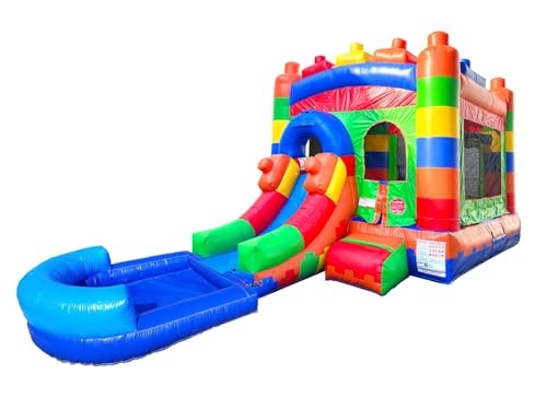 Aufblasbares Hüpfhaus mit Rutsche für Kinder – 26,5 x 12 x 14,5 Fuß Hinterhof-Baustein-Kombobobouncer mit Wasserpool, Outdoor-Pullovern – inklusive Gebläse, Ankerpfähle und Aufbewahrungstasche von Pogo Bounce House