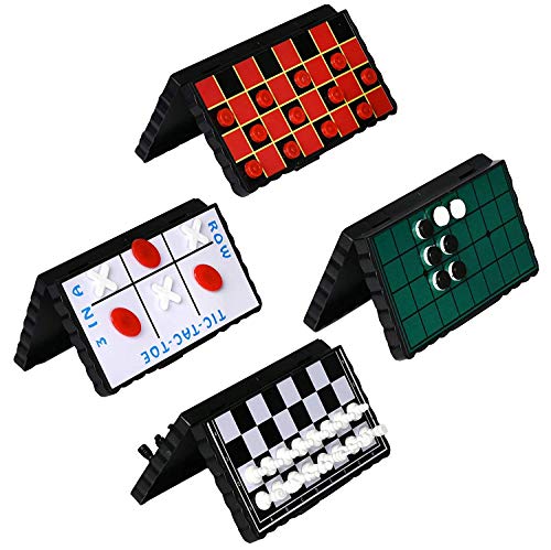 Point Games Reise-Brettspiel-Set – Packung mit 4 klassischen Magnetspielen für Kinder – enthält einzelne Bretter und Figuren für Dame, Schach, Tic Tac Toe und Reversi. von Point Games