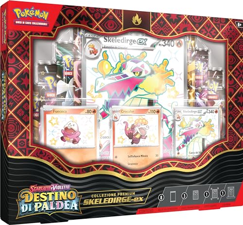 Pokémon 290-60459 Skeledirge-ex Premium-Kollektion der Erweiterung Scharlachrot und Violet Schicksal von Paldea (3 holografische Promokarten, 1 Riesenkarte und 8 Erweiterungspackungen) von Pokémon