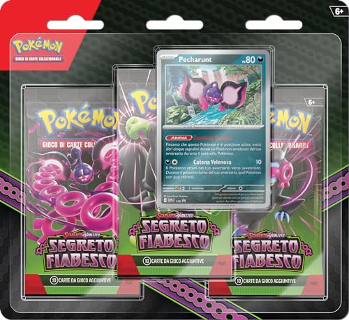 Pokémon Packung mit DREI Booster-Packs mit Pecharunt aus der Erweiterung Scharlachrot und Violett – Märchengeheimnis des TCG (DREI Umschläge und eine holografische Promokarte), italienische Ausgabe von Pokémon