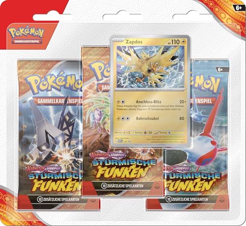 Pokémon-Sammelkartenspiel: 3er-Pack-Blister Karmesin & Purpur – Stürmische Funken: Zapdos (3 Boosterpacks & 1 holografische Promokarte) Pokémon-Sammelkartenspiel: 3er-Pack-Blister Karmesin & Purpur – Stürmische Funken: Zapdos (3 Boosterpacks & 1 holografische Promokarte) von Pokémon
