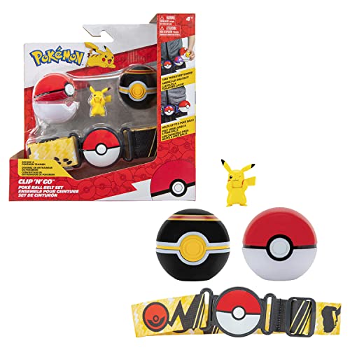 Pokémon Bandai Gürtel Clip 'N' Go – 1 Gürtel, 1 Poké-Ball, 1 Luxusball und 1 Figur 5 cm Pikachu – Zubehör zum Verkleiden als Trainer JW0232 von Pokémon