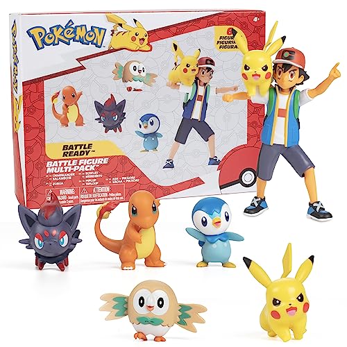 Pokémon Battle Ready! Figuren-Set 6 Stück - 11,4 cm Ash & Launching Pikachu, 5,1 cm Charmander, Rowlet, Piplup, Zorua - Offiziell lizenziert - Osterkorb Stuffer Geschenk für Kinder Jungen Mädchen von Pokemon