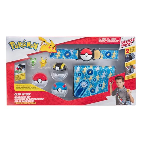 Pokemon Clip N Go Bandolier Promo Set - 5cm Kampf Figur Pikachu & Sprigatito - 3 Pokéballs, Gürtel, Tasche - Spielzeugset für Kinder 4+ - Offizielle Pokémon Produkt for Kinderspielzeug von Pokemon