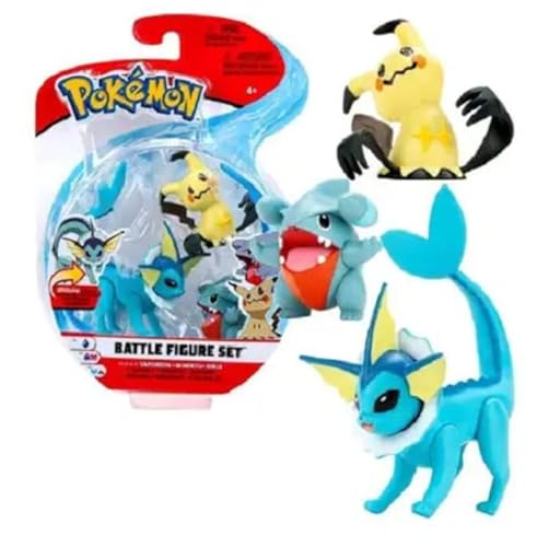 Pokemon Clip n Go Battle Feature Figure Multipack Action Ready Pack plus Bonus Sticker (Vaporeon, Mimikyu und Gible) von Pokémon
