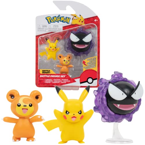 Pokémon PKW2347 - Battle Figure Set - Teddiursa, Pikachu, Nebulak, offizielle bewegliche Figuren, 5 cm Teddiursa und Pikachu, 7,5 cm Nebulak von Pokémon