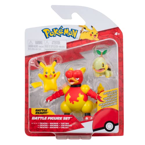 Pokémon PKW2681 - Battle Figuren Set - Chelast, Pikachu,Magmar - offizielle detaillierte Figuren, je 5 cm von Pokémon