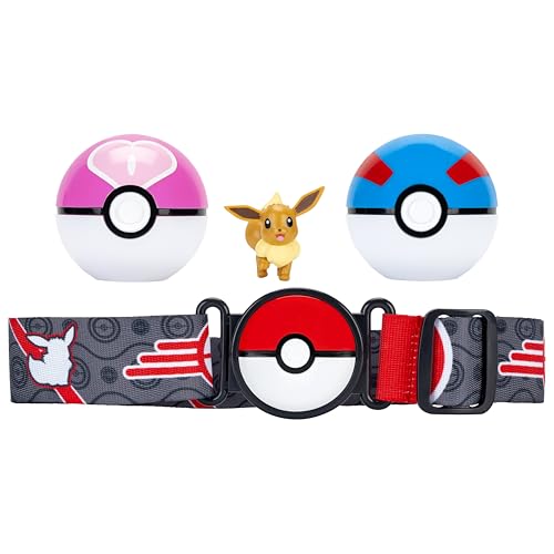 Pokémon PKW4167 - Evoli Clip ‘N’ Go Gürtel-Set - Evoli Battle Figur mit Superball, Sympaball und Gürtel, offizielles Set von Pokémon