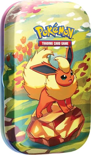 Pokémon Sammelkartenspiel Mini-Dose Karmesin und Purpur, Prismatische Entwicklungen – Flareon (2 Boosterpacks und 1 Münze), spanische Version von Pokémon