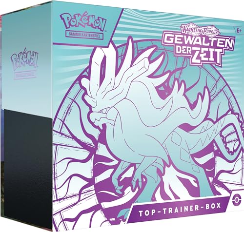 Pokémon Sammelkartenspiel Top-Trainer-Box Karmesin & Purpur – Gewalten der Zeit: Windewoge (1 holografische Vollbild-Promokarte mit Flatterhaar, 9 Boosterpacks & Premium-Zubehör) von Pokémon
