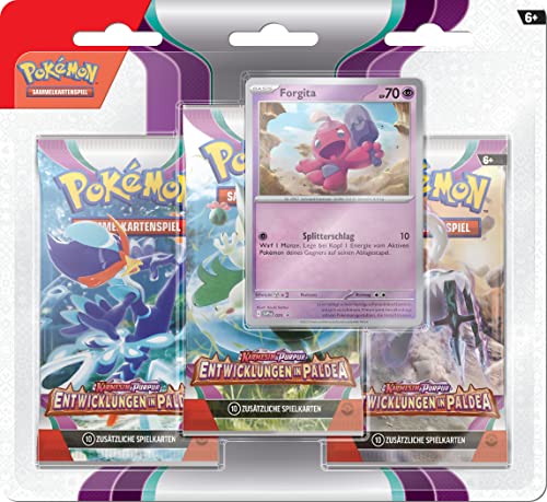Pokémon-Sammelkartenspiel: 3er-Pack (Forgita) Karmesin & Purpur – Entwicklungen in Paldea (3 Boosterpacks & 1 holografische Promokarte) von Pokémon