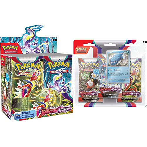 Pokémon-Sammelkartenspiel: Display-Box Karmesin & Purpur (36 Boosterpacks) & -Sammelkartenspiel: 3er-Pack Karmesin & Purpur - Heerashai (3 Boosterpacks & 1 holografische Promokarte) von Pokémon