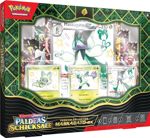 Pokémon-Sammelkartenspiel: Karmesin & Purpur – Paldeas Schicksale: Premium-Kollektion Maskagato-ex (3 geprägte holografische Promokarten, 1 überdimensionale Promokarte & 8 Boosterpacks) von Pokémon