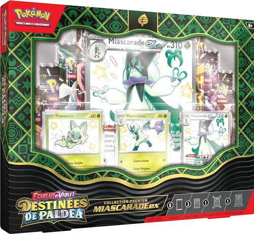 Pokémon-Sammelkartenspiel: Premium-Kollektion Scharlachrot und Violett – Schicksale von Paldea – Miascarade-ex (3 glänzende Promokarten, 1 große Karte und 8 Booster) von Pokémon