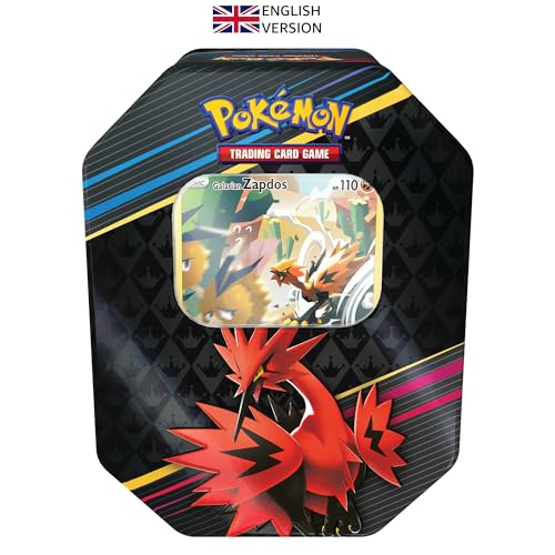 Pokémon-Sammelkartenspiel: Tin-Box Zenit der Könige – Galar-Zapdos (1 holografische Karte & 4 Boosterpacks) Englischsprachige Version von Pokémon