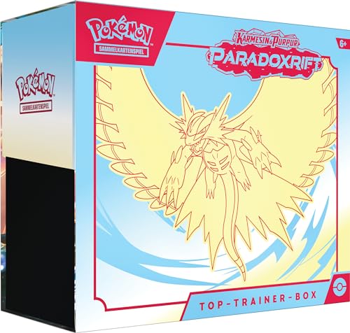 Pokémon-Sammelkartenspiel: Top-Trainer-Box Karmesin & Purpur – Paradoxrift: Donnersichel (9 Boosterpacks, 1 holografische Vollbild-Promokarte & Premium-Zubehör) von Pokémon