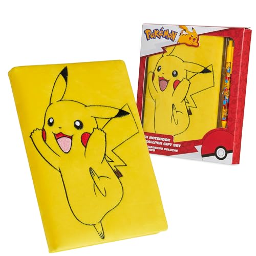 Pokemon Set Schulbedarf, Kinder Tagebuch mit Schloss, Notizbuch, Federmäppchen, Stifte - Geschenke für Jungs (Gelb Notizbuch & Kugelschreiber Set) von Pokémon