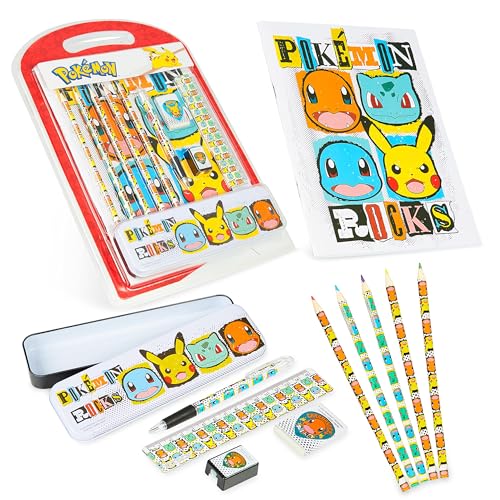 Pokemon Set Schulbedarf, Kinder Tagebuch mit Schloss, Notizbuch, Federmäppchen, Stifte - Geschenke für Jungs (Mehrfarbig Schreibwaren Set) von Pokémon