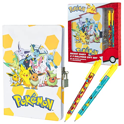 Pokemon Set Schulbedarf, Kinder Tagebuch mit Schloss, Notizbuch, Federmäppchen, Stifte - Geschenke für Jungs (Gelb Notizbuch Set) von Pokémon