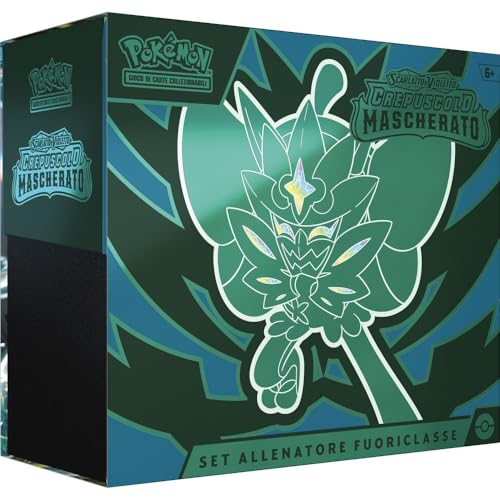 Pokémon Top-Trainer-Set Scharlachrot und Violett – Abenddämmerung des Sammelkartenspiels (1 Probekarte von Ogerpon Türkis-Maske, 9 Packungen von Erweiterungen und Premium-Zubehör), Italienisch von Pokémon