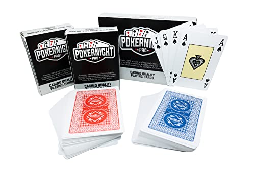 Poker Night Pro 2 Decks Professioneller Wasserfester 100% Plastik Spielkarten (1 x Rot / 1 x Blau) | 55 Stück Pro Deck Inklusive 3 Jokern | 4 Eckzeichen | Casino Qualität von Poker Night Pro