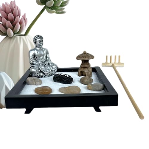 Zen Sand Garten für Schreibtisch, Zen-Garten, Achtsamkeits-Schreibtischdekoration, kompakter Sandkasten, Stressabbau, Sandtablett, 12 x 12 cm, für Wohnzimmer von Pokronc