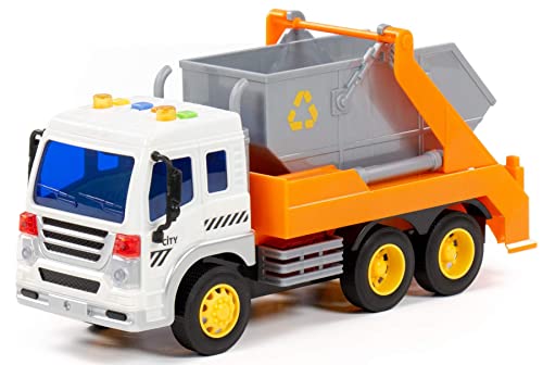 Polesie Container LKW Spielzeug City Orange, geeignet ab 3 Jahren I Licht & Sound I Schwungradantrieb I Beweglicher Container von Polesie