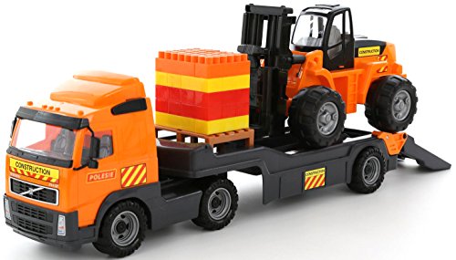 Wader Volvo Lastwagen LKW Tieflader mit Gabelstabler und Baustein Mix von Polesie