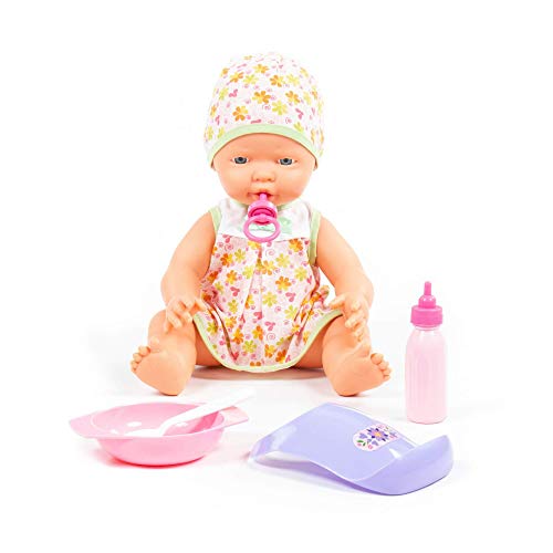 Polesie 78377 Fröhliche Baby Puppe, 35 cm mit Schnuller und Fütterungset, 4 Teile von Polesie