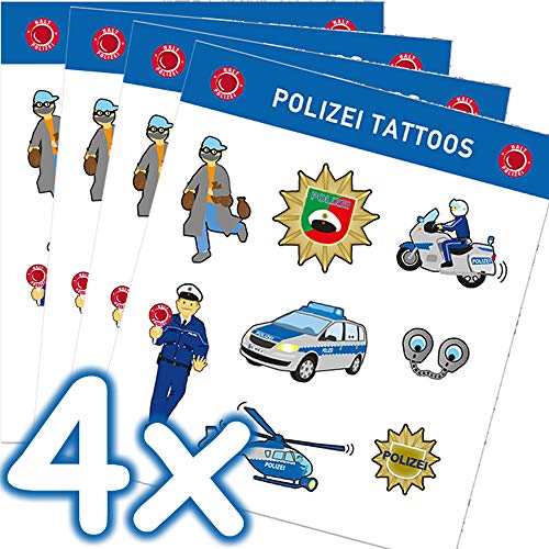 Mega-Tattoo-Set * Polizei * als Mitgebsel, Geschenk oder zum Spielen | 4 Bögen mit 32 Tattoos | Aufkleber Bilder Sticker Kinder Kindergeburtstag Geburtstag Polizist Police Polizeiauto von Polizei-Tattoos: