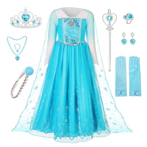 Pollen Elsa Mädchen Prinzessin Kostüm, Prinzessin Kleid Elsa Kinder Kleid 8-teiliges Set mit Krone Diadem Handschuhe Zauberstab usw für Hochzeit Cosplay Karneval Hochzeit Geburtstagsfeier-110 von Pollen