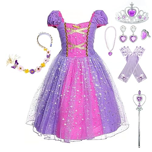 Pollen Prinzessin Kleid Mädchen, Prinzessin Kostüm Kinder Kleid 7-teiliges Set mit Krone Diadem Handschuhe Zauberstab usw für Hochzeit Cosplay Karneval Hochzeit Geburtstagsfeier-120 von Pollen