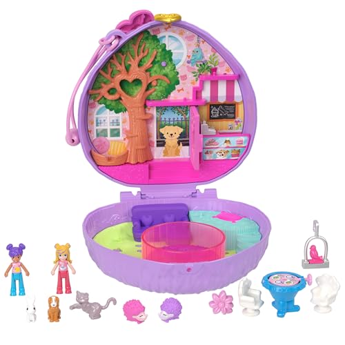 Polly Pocket Igel-Café Schatulle - Spielset mit 2 Puppen, 12 Accessoires und 9 Tieren, drehendes Igel-Rad, aufhängbarer Vogelkäfig und versteckte Snacks, für Kinder ab 4 Jahren, HRD37 von Polly Pocket