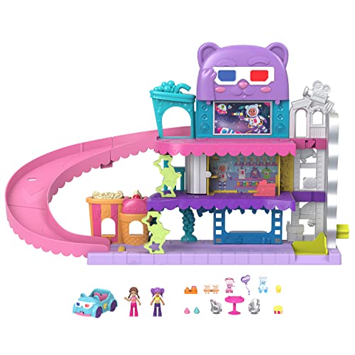 Polly Pocket Pollyville Drive-In-Kino - 2 Puppen, 1 Spielzeugauto, 11 Zubehörteile, 3 Stockwerke, Aufzug, Leinwand, Bodenwelle, Toiletten, Snack-Stand, für Kinder ab 4 Jahren, HPV39 von Polly Pocket