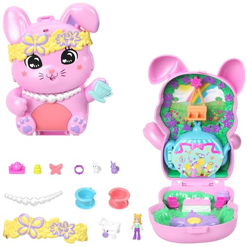 Polly Pocket Puppen und Spielset, Teeparty-Häschen-Schatulle, Spielzeug für unterwegs mit 1 kleinen Puppe, Häschen, Zubehör für Styling und Essen, JCR40 Polly Pocket Puppen und Spielset, Teeparty-Häschen-Schatulle, Spielzeug für unterwegs mit 1 kleinen Puppe, Häschen, Zubehör für Styling und Essen, JCR40 von Polly Pocket