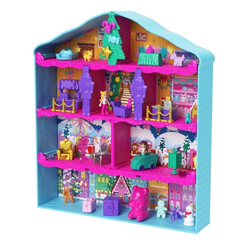 Polly Pocket Adventskalender Puppen, Lebkuchenhaus-Spielset mit 24 Überraschungen, Puppenhausmöbel, Spielzeugauto und Weihnachtszubehör, HWP33 von Polly Pocket