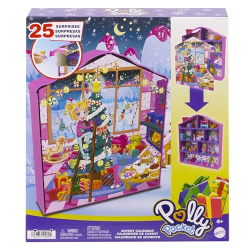 Polly Pocket Adventskalender-Haus - 25 Überraschungen, 2 Puppen, 27 Zubehörteile, Lebkuchenhaus-Design, Weihnachtsbaum, Skier, für Kinder ab 4 Jahren, HKW16 von Polly Pocket