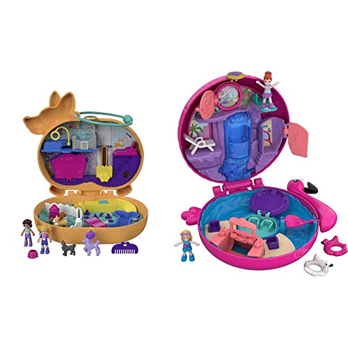 Polly Pocket FRY38 - World Flamingo-Schwimmring Schatulle, zum Spielen und Mitnehmen & GTN13 - Corgi-Hundehotel Schatulle im Haustierhotel-Design, kleine Polly und Shani Puppen, 2 Hundefiguren von Polly Pocket