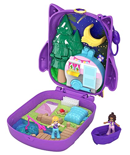 Polly Pocket GKJ47 - Nachteulen-Campingplatz Schatulle mit lustigen Überraschungen, den kleinen Puppen Polly und Shani, Boot und Stickerbogen; Spielzeug für Kinder ab 4 Jahren von Polly Pocket