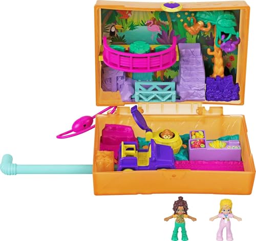 Polly Pocket GKJ53 - Saftspaß-Safari Schatulle mit lustigen Überraschungen, den kleinen Puppen Polly und Shani, 2 Faultier-Figuren und Stickerbogen; Spielzeug für Kinder ab 4 Jahren von Polly Pocket