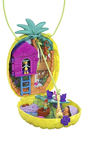 Polly Pocket GKJ64 - Ananas-Taschen-Schatulle, tragbar, mit 8 lustigen Funktionen, den kleinen Puppen Polly und Lila, 2 Zubehörteilen und Stickerbogen; Spielzeug für Kinder ab 4 Jahren von Polly Pocket