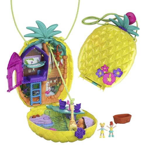 Polly Pocket GKJ64 - Ananas-Taschen-Schatulle, tragbar, mit 8 lustigen Funktionen, den kleinen Puppen Polly und Lila, 2 Zubehörteilen und Stickerbogen; Spielzeug für Kinder ab 4 Jahren von Polly Pocket