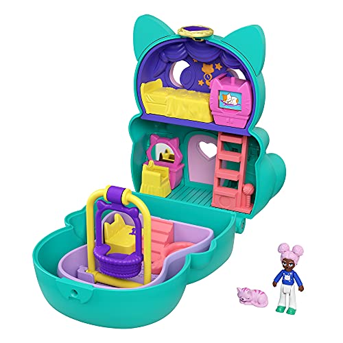 Polly Pocket GTM61 - Drehspaß-Schatulle Katze, zwei Spieloberflächen durch Umklappfunktion, Katzenfigur, Spielzeug ab 4 Jahren von Polly Pocket