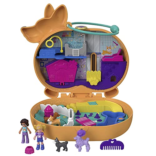 Polly Pocket GTN13 - Corgi-Hundehotel Schatulle Im Haustierhotel-Design, Kleine Polly Und Shani Puppen, 2 Hundefiguren (Pudel & Husky), Ãœberraschungseffekten, Spielzeug Geschenk Für Kinder Ab 4 Jahren von Polly Pocket