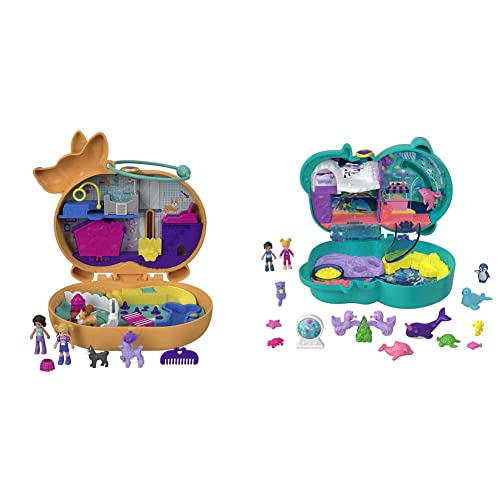 Polly Pocket GTN13 - Corgi-Hundehotel Schatulle im Haustierhotel-Design, kleine Polly und Shani Puppen & HCG16 - Otter Aquarium, Aquarium-Thema mit Micro Polly & Nicolas Puppen von Polly Pocket